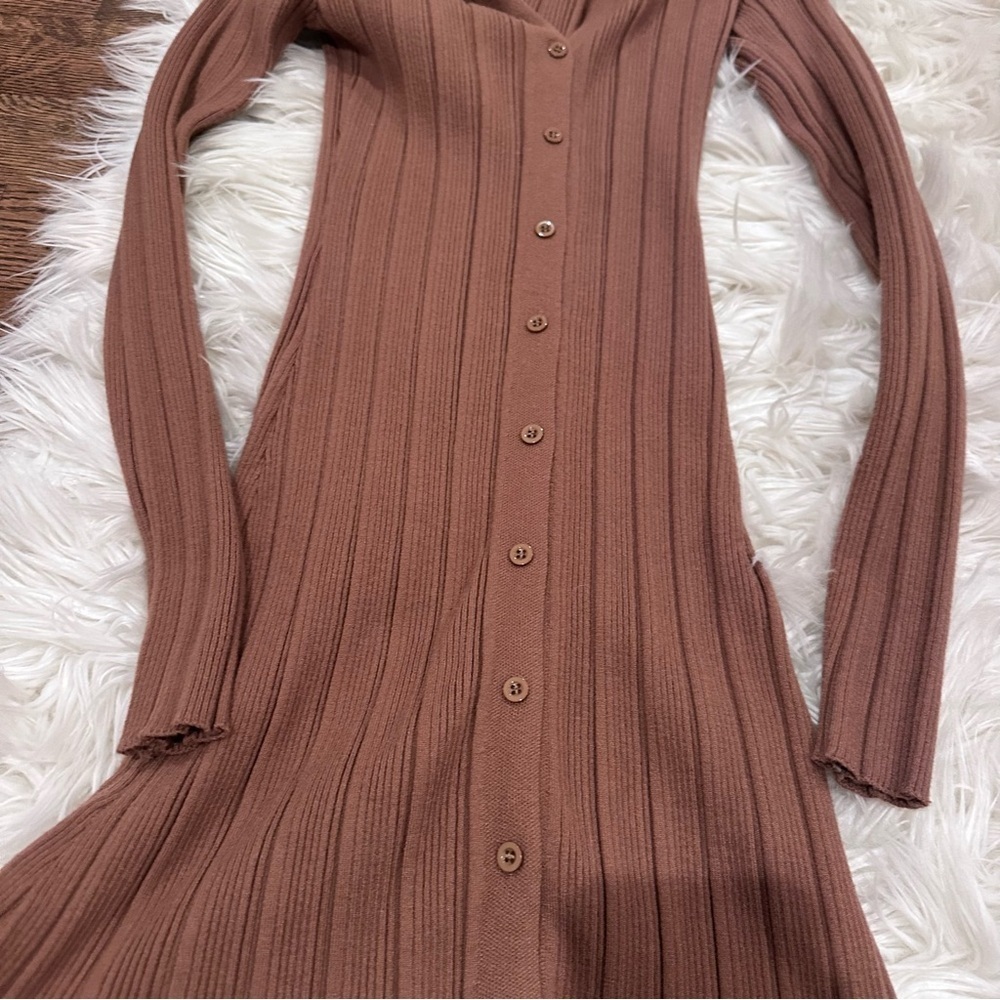Brown Knit Ribbed Button Down Dress - Picture 4 of 4